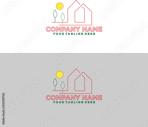 Elegant Real Estate Logo with House, Trees, and Sun
