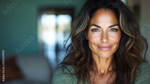 Wallpaper Mural A stunning close-up portrait of a smiling woman with long, flowing hair, radiating confidence and warmth in an elegantly blurred background. Torontodigital.ca