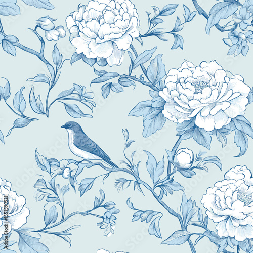 Floral Blue Chinoiserie. Toile De Jouy Vintage Seamless Pattern 04 Elegant Vector Graphics.