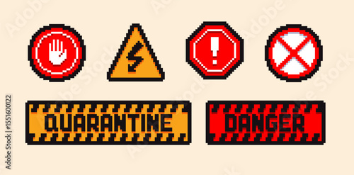 Set of the danger and attention signs, pixel icons. 8 bit pixel button set. Collection isolated vector illustrations