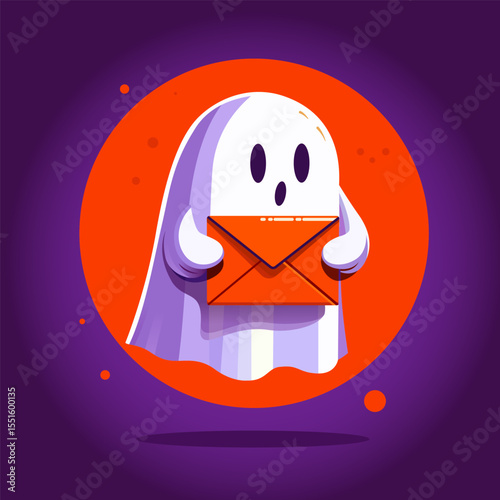 Ghost. Ghost character. Cute cartoon spooky character. Magic scary spirit. Halloween levitating phantom. Ghost invitation. Halloween banner, greeting card, poster with ghost. Ghost holding envelope