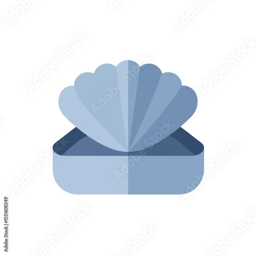 Stylized Blue Clamshell Icon with Open Shell and Rectangular Base.