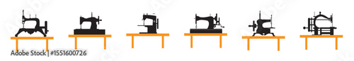 A collection of four antique sewing machines in silhouette style, Collection of vintage sewing machine vector illustration