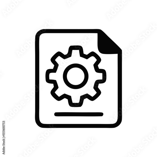 Black and white illustration of a document with a gear symbol, representing settings or configuration.
