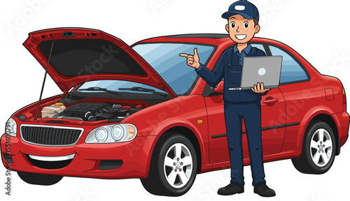 Cartoon mechanic with laptop, inspecting smiling red car engine, automotive repair concept, happy vehicle character, diagnostic technician illustration, cartoon car maintenance scene artwork