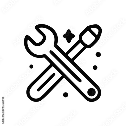 Simple black and white illustration of a wrench and screwdriver crossed, representing tools.