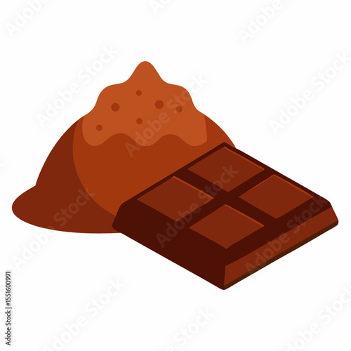 Chocolate bar piece and heap of cocoa powder food vector on white background.