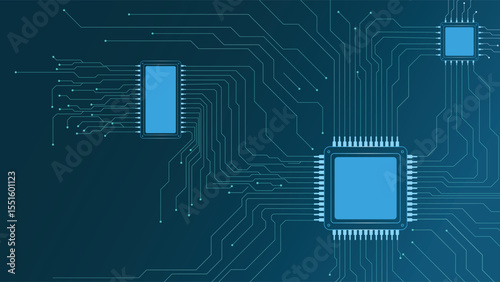 Abstract technology circuit board background with glowing blue lines and microchips ideal for tech themes