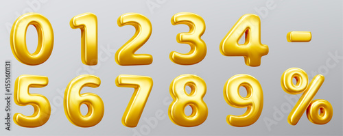 Golden 3d number - digits 0 to 9 with percentage symbol. Metallic typography for anniversary celebration, discount promotion or birthday party decoration. Shiny floating numerals for festive events.