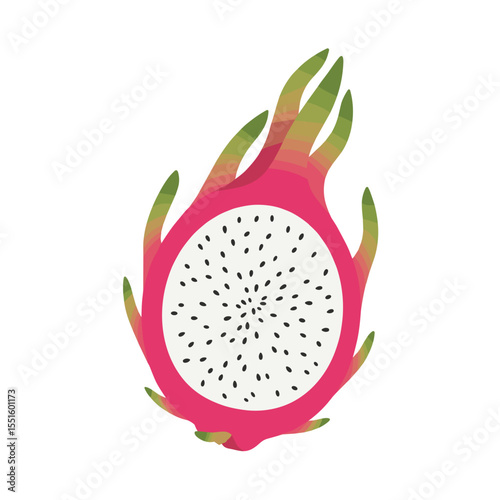 Sliced Dragon Fruit with White Flesh and Black Seeds Pink Skin and Green Scales.