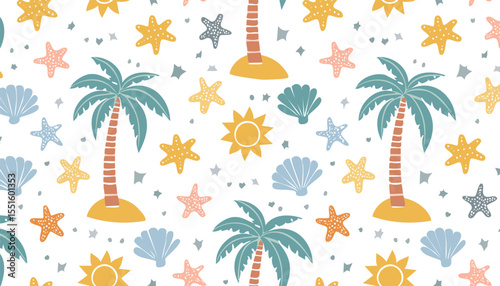 Vector seamless pattern with palm tree, sun, seashell, coral and starfish in groovy naive style. Hand drawn marine summer print. Collage abstract elements. Tropical vacation, club, collage, contempora