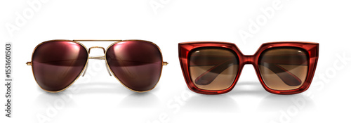 3d eyewear collection - gold aviator sunglasses with mirror lenses, tortoiseshell square frames with brown gradient tint and realistic shadows beneath for fashion accessories, optical shop displays.