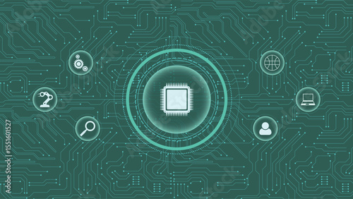 Futuristic green tech background featuring a central microchip and multiple digital technology icons on circuits