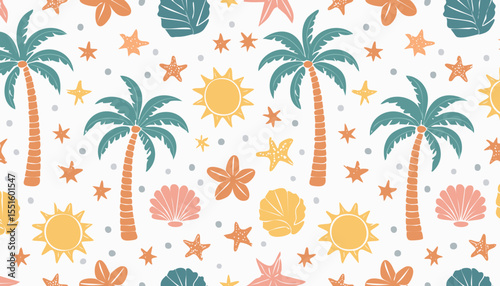 Wallpaper Mural Vector seamless pattern with palm tree, sun, seashell, coral and starfish in groovy naive style. Hand drawn marine summer print. Collage abstract elements. Tropical vacation, club, collage, contempora Torontodigital.ca