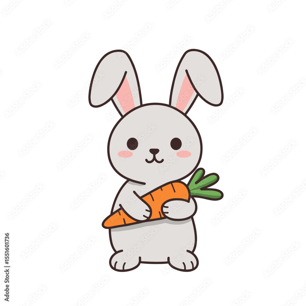 Fototapeta premium Cartoon bunny holding a carrot with green leafy top outlined in black.