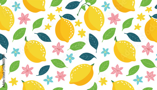 Trendy fruit citrus seamless pattern. Tropical bright summer background with hand drawn lemons, flowers and leaves. Modern design for paper, cover, fabric.leaf, collage, graphic, juicy, ornate, party,