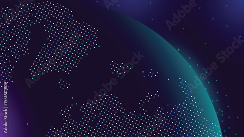 Stylized dotted world map with glowing earth effect and digital tech theme on a dark starry gradient background