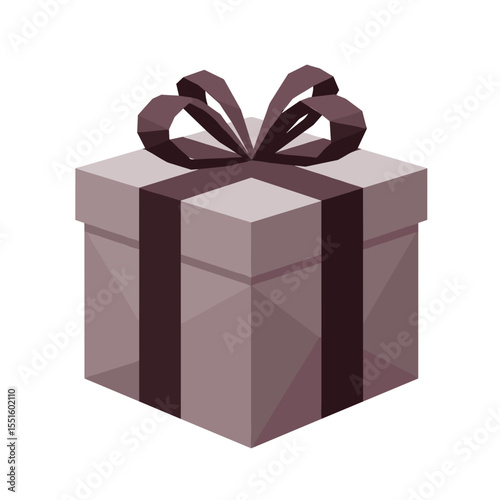 Isometric gift box with a dark brown ribbon and bow low poly style.