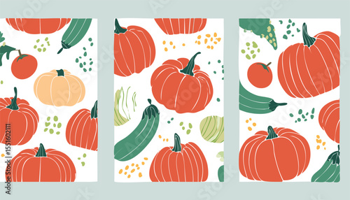 Set of abstract art poster in vegetables. Modern print with hand drawn red peppers or paprika, pumpkin, tomato, zucchini or vegetable marrow. Vector trendy illustration for card,harvest, menu, poster,