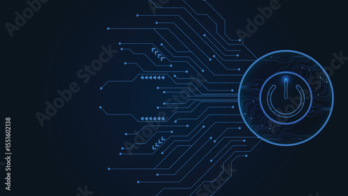 Blue glowing power button on the right side with abstract circuit lines on a dark tech themed background