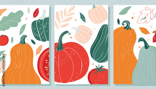 Set of abstract art poster in vegetables. Modern print with hand drawn red peppers or paprika, pumpkin, tomato, zucchini or vegetable marrow. Vector trendy illustration for card,harvest, menu, poster,