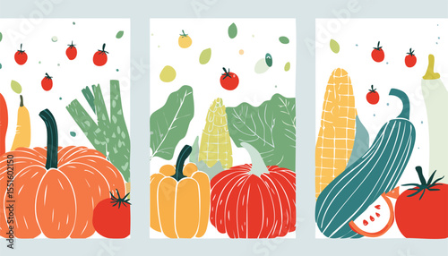 Set of abstract art poster in vegetables. Modern print with hand drawn red peppers or paprika, pumpkin, tomato, zucchini or vegetable marrow. Vector trendy illustration for card,harvest, menu, poster,