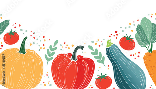 Set of abstract art poster in vegetables. Modern print with hand drawn red peppers or paprika, pumpkin, tomato, zucchini or vegetable marrow. Vector trendy illustration for card,harvest, menu, poster,