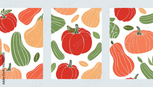 Set of abstract art poster in vegetables. Modern print with hand drawn red peppers or paprika, pumpkin, tomato, zucchini or vegetable marrow. Vector trendy illustration for card,harvest, menu, poster,