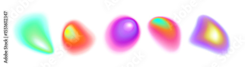 Vibrant gradient aura shapes collection - soft blurred colorful orbs with rainbow glow effects on white background for modern design, energy visualization or holographic artwork with light patterns.