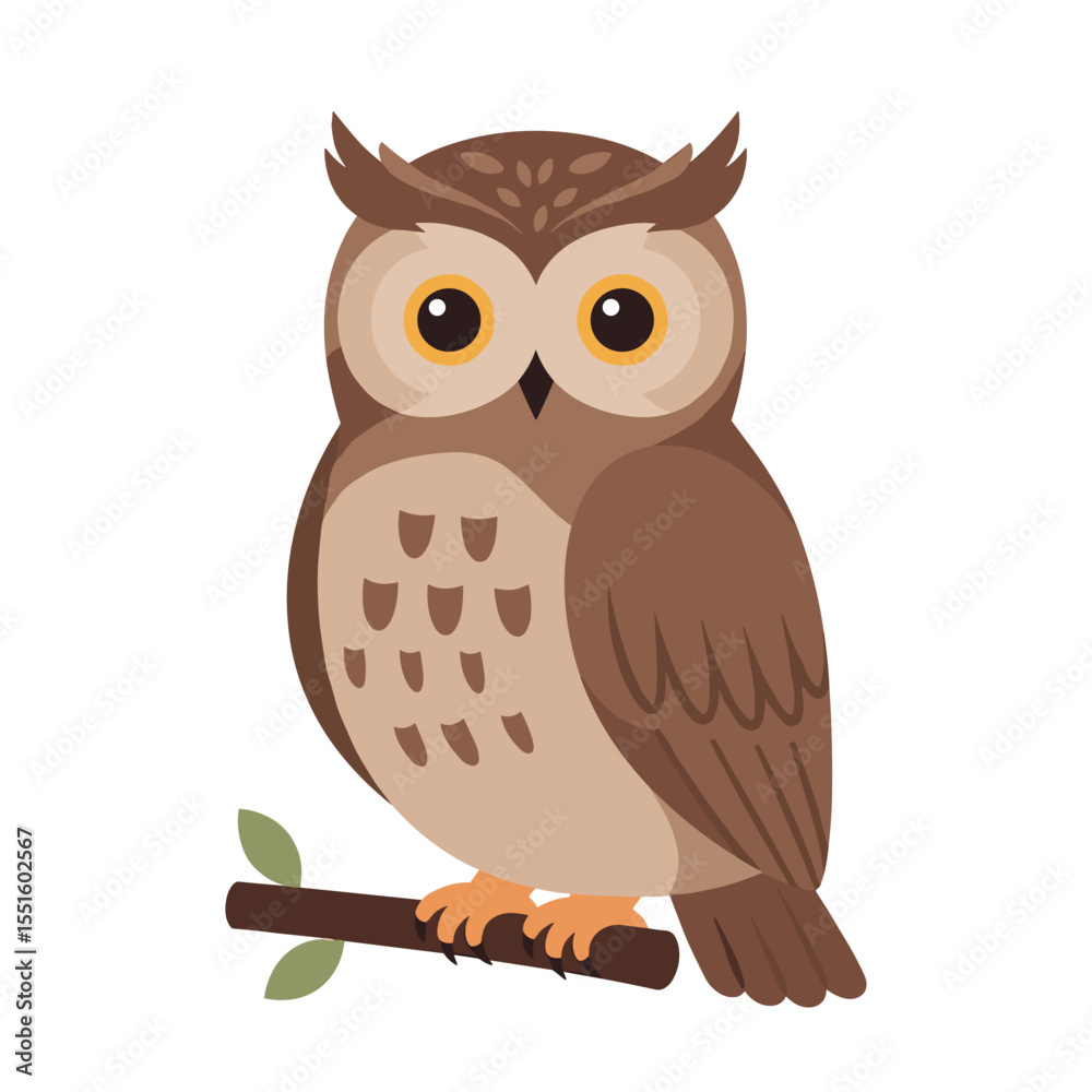 Fototapeta premium Cartoon owl with large eyes perched on a branch with green leaves.