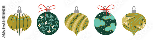 Yellow and green vintage xmas bauble ornaments with different shapes, geometric patterns, ribbons. Classic Christmas decorations. Retro holiday collection for festive cards, seasonal design projects.
