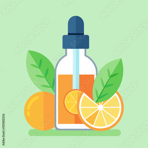 Serum with vitamin C vector on colorful background.