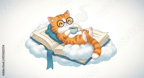 Relaxed Orange Cat Enjoying Coffee and a Book on a Cloud