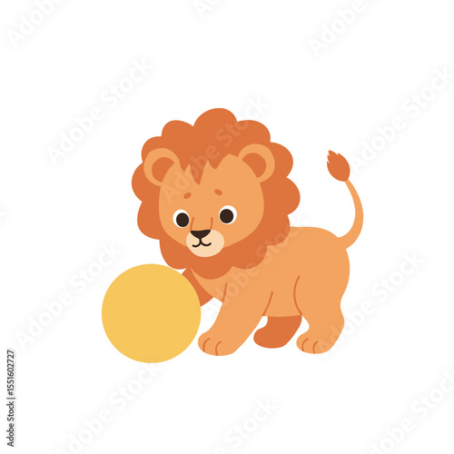 Playful Lion Cub with Yellow Ball Cartoon Illustration.