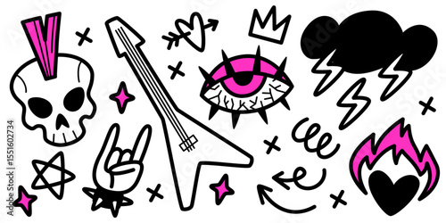 Edgy punk rock doodle set with skull and guitar, lightning and spiky eye, crown and flames. Bold hand drawn pink and black icons for alternative music culture, grunge fashion, underground art.