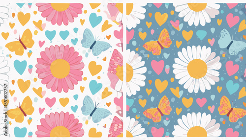 seamless patterns with butterfly, daisy, chess, mesh, heart. Set of vector backgrounds.butterfly, funky, graphic, mesh, minimal, pop, poster, print, wavy, daisy, geometric, groovy, love, square, 