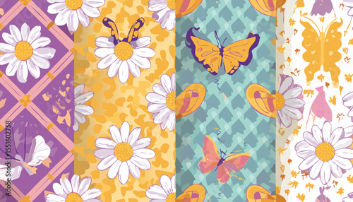 seamless patterns with butterfly, daisy, chess, mesh, heart. Set of vector backgrounds.butterfly, funky, graphic, mesh, minimal, pop, poster, print, wavy, daisy, geometric, groovy, love, square, 