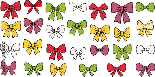  hand drawn various colorful bow knots, ribbons and bows. Hair accessories. Bow knots for holiday gifts. Trendy flat vector illustration. Perfect for poster, cards,birthday, doodle, graphic, greeting,