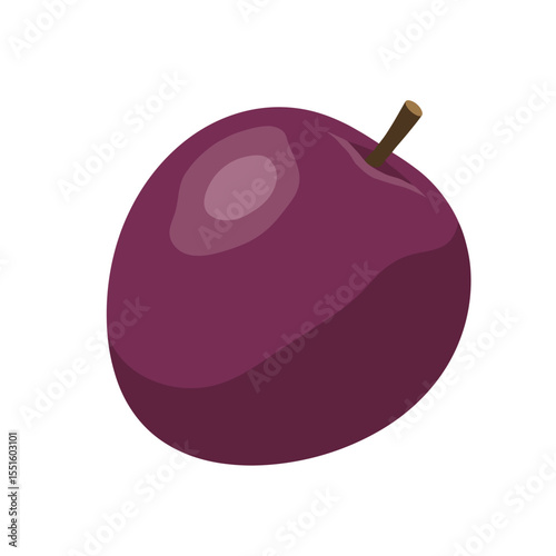 Isometric Illustration of a Ripe Purple Plum with Stem Detail.