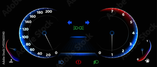 Car dashboard speedometer display with blue illuminated gauges showing speed and rpm meters, fuel indicator, warning lights and digital screen on black background for automotive interface design.