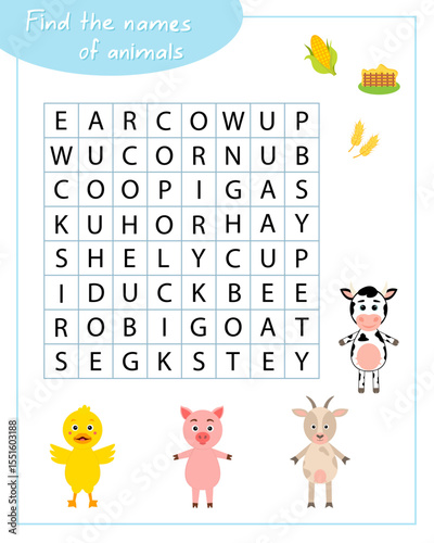 Find the names of farm animals. Game for children 6-7 years old.