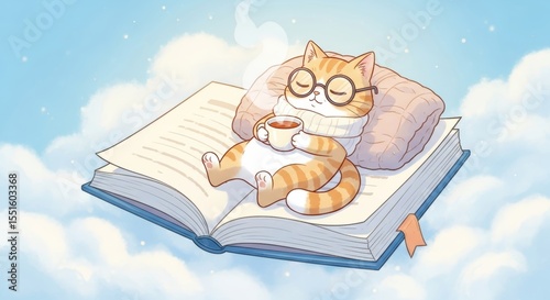 Cozy Cat Napping on a Book in the Clouds A Whimsical Illustration