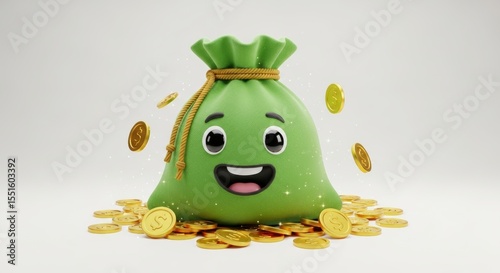 Happy Money Bag 3D Render of a Smiling Money Sack with Golden Coins