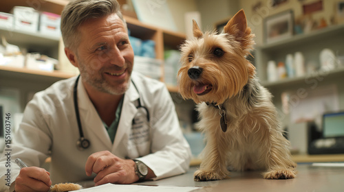 Veterinarian. Veterinarians perform routine examinations of pets on a table in a modern veterinary clinic. Treatment and vaccination of pets. Animal care