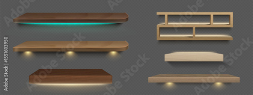 Wall mounted wood shelf collection with realistic shadows and LED lighting. Various designs compartment units and illuminated storage options for interior design and home decoration projects.