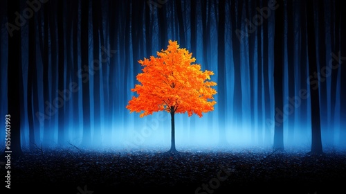 A solitary tree stands in a foggy forest with a clear blue sky in the background creating a serene natural landscape