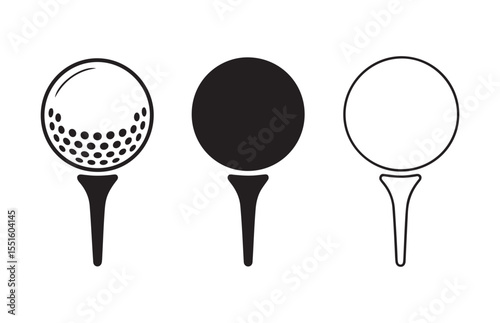Black and White Golf Ball on Tee Icons Set

