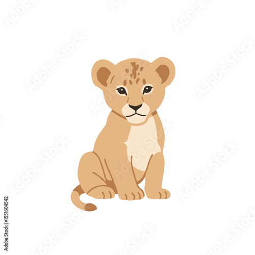 Cartoon Lion Cub Sitting with Spotted Head and Soft Tan Fur.