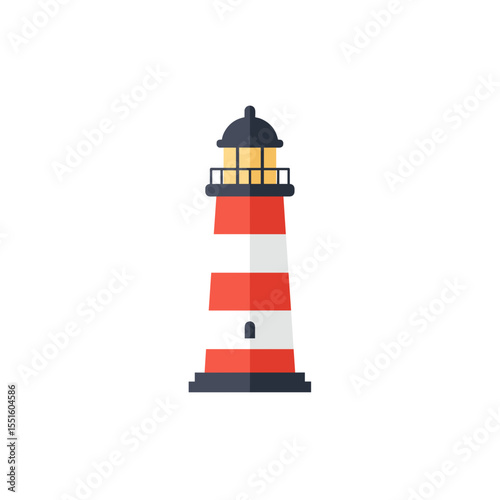 Flat Design Lighthouse with Red and White Stripes and Dark Gray Accents.