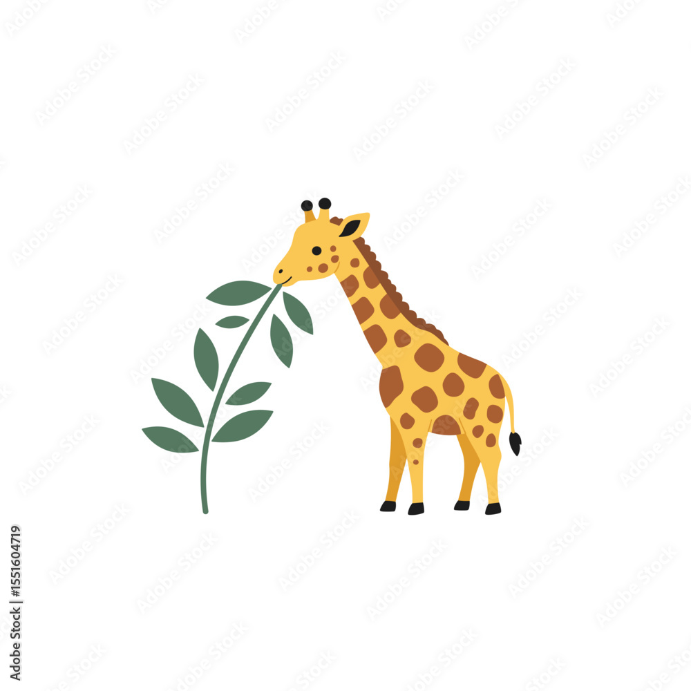 Naklejka premium Cute Cartoon Giraffe Eating Leaves in Profile View.